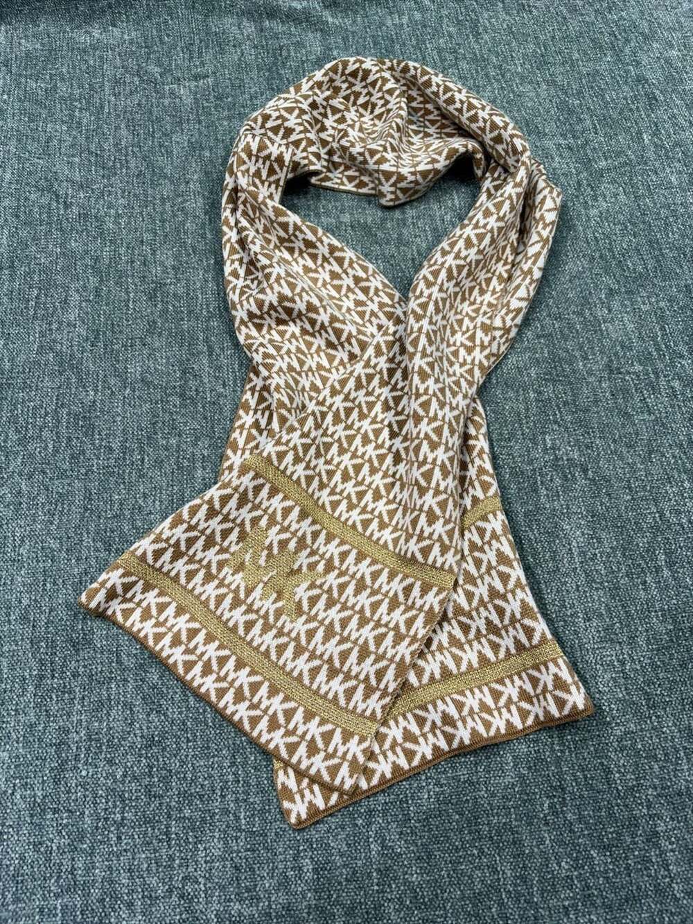 Michael Kors Logo Scarf Camel Cream Metallic Knit